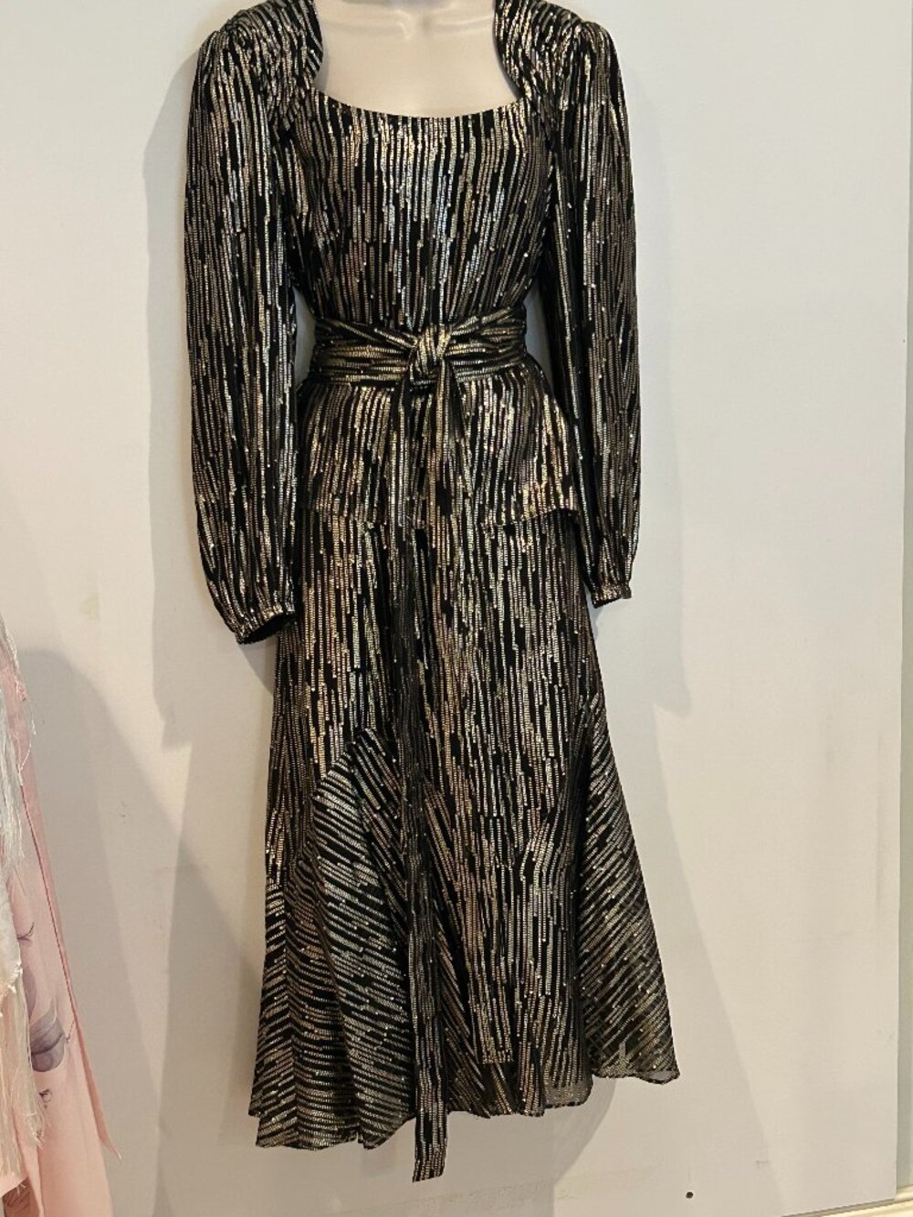 Vintage style 80s Black Gold Metallic Stripe Peplum Midi Dress sz8 NWT  3 pieces